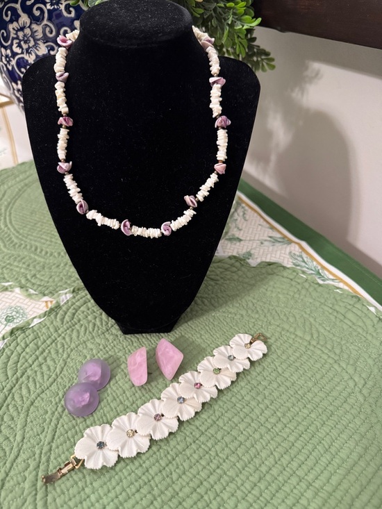 Jewelry - Handmade White and Lavender Shell Bead Necklace, Bracelet and Earrings Bundle